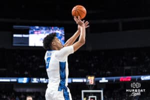 Creighton Bluejay Jasen Green (0) shoots a wide open three pointer during a college basketball game against Georgetown on Jan 13, 2026, in Omaha, Nebraska. Photo by Brandon Tiedemann