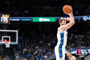 Creighton Bluejay Isaac Traudt (41) shoots a three pointer during a college basketball game against Georgetown on Jan 13, 2026, in Omaha, Nebraska. Photo by Brandon Tiedemann
