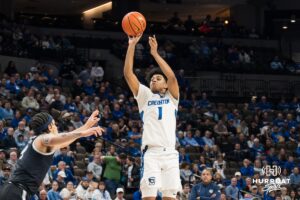 Creighton Bluejay Austin Swartz (1) shoots a three during a college basketball game against Georgetown on Jan 13, 2026, in Omaha, Nebraska. Photo by Brandon Tiedemann