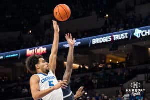 Creighton Bluejay Nik Graves (5) shoots a floater during a college basketball game against Georgetown on Jan 13, 2026, in Omaha, Nebraska. Photo by Brandon Tiedemann