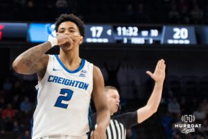 Creighton Bluejay Blake Harper (2) celebrates a made three pointer during a college basketball game against Georgetown on Jan 13, 2026, in Omaha, Nebraska. Photo by Brandon Tiedemann