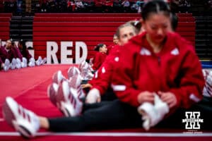 Nebraska Cornhuskers line up for the awards during the Ameritas Master’s Classic women's gymnastic meet on Saturday, Jan. 10, 2026, in Lincoln, Nebraska. Photo by Braden Cochran.