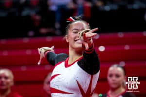 Nebraska Cornhusker Lauren Homecillo performs in the floor exercise during the Ameritas Master’s Classic women's gymnastic meet on Saturday, Jan. 10, 2026, in Lincoln, Nebraska. Photo by Braden Cochran.