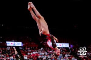 Nebraska Cornhusker Whitney Jenks performs on the floor exercise during the Ameritas Master’s Classic women's gymnastic meet on Saturday, Jan. 10, 2026, in Lincoln, Nebraska. Photo by Braden Cochran.