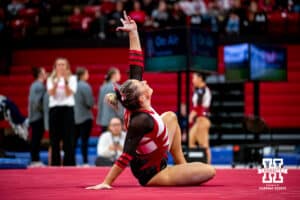 Nebraska Cornhusker Allie Gard strikes a final pose to finish her floor routine during the Ameritas Master’s Classic women's gymnastic meet on Saturday, Jan. 10, 2026, in Lincoln, Nebraska. Photo by Braden Cochran.