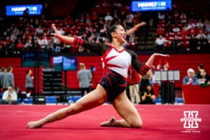Nebraska Cornhusker Nya Kraus poses in her floor routine during the Ameritas Master’s Classic women's gymnastic meet on Saturday, Jan. 10, 2026, in Lincoln, Nebraska. Photo by Braden Cochran.
