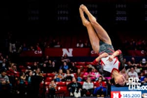 Nebraska gymnast Isabel Sikon twirls throught air in her beam routine during the Ameritas Master’s Classic women's gymnastic meet on Saturday, Jan. 10, 2026, in Lincoln, Nebraska. Photo by Braden Cochran.