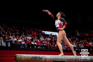Nebraska Cornhusker Nya Kraus performs on the beam during the Ameritas Master’s Classic women's gymnastic meet on Saturday, Jan. 10, 2026, in Lincoln, Nebraska. Photo by Braden Cochran.