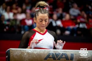 Nebraska Cornhusker Allie Gard takes a moment before her routine during the Ameritas Master’s Classic women's gymnastic meet on Saturday, Jan. 10, 2026, in Lincoln, Nebraska. Photo by Braden Cochran.