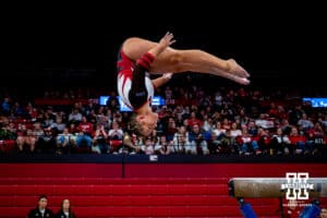 Nebraska Cornhusker Allie Gard dismounts the beam during the Ameritas Master’s Classic women's gymnastic meet on Saturday, Jan. 10, 2026, in Lincoln, Nebraska. Photo by Braden Cochran.