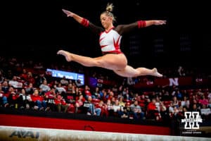 Nebraska Cornhusker Allie Gard perfroms on the beam during the Ameritas Master’s Classic women's gymnastic meet on Saturday, Jan. 10, 2026, in Lincoln, Nebraska. Photo by Braden Cochran.