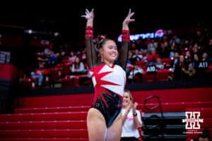 Nebraska Cornhusker Lauren Homecillo hits her final pose after her beam routine during the Ameritas Master’s Classic women's gymnastic meet on Saturday, Jan. 10, 2026, in Lincoln, Nebraska. Photo by Braden Cochran.