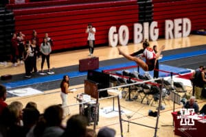Nebraska Cornhusker Whitney Jenks performs on the uneven bars during the Ameritas Master’s Classic women's gymnastic meet on Saturday, Jan. 10, 2026, in Lincoln, Nebraska. Photo by Braden Cochran.
