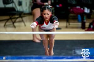Nebraska Cornhusker Nya Kraus performs on the uneven bars during the Ameritas Master’s Classic women's gymnastic meet on Saturday, Jan. 10, 2026, in Lincoln, Nebraska. Photo by Braden Cochran.