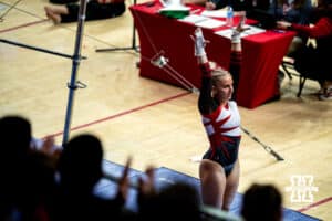 Nebraska Cornhusker Molly Peterson sticks her landing during the Ameritas Master’s Classic women's gymnastic meet on Saturday, Jan. 10, 2026, in Lincoln, Nebraska. Photo by Braden Cochran.