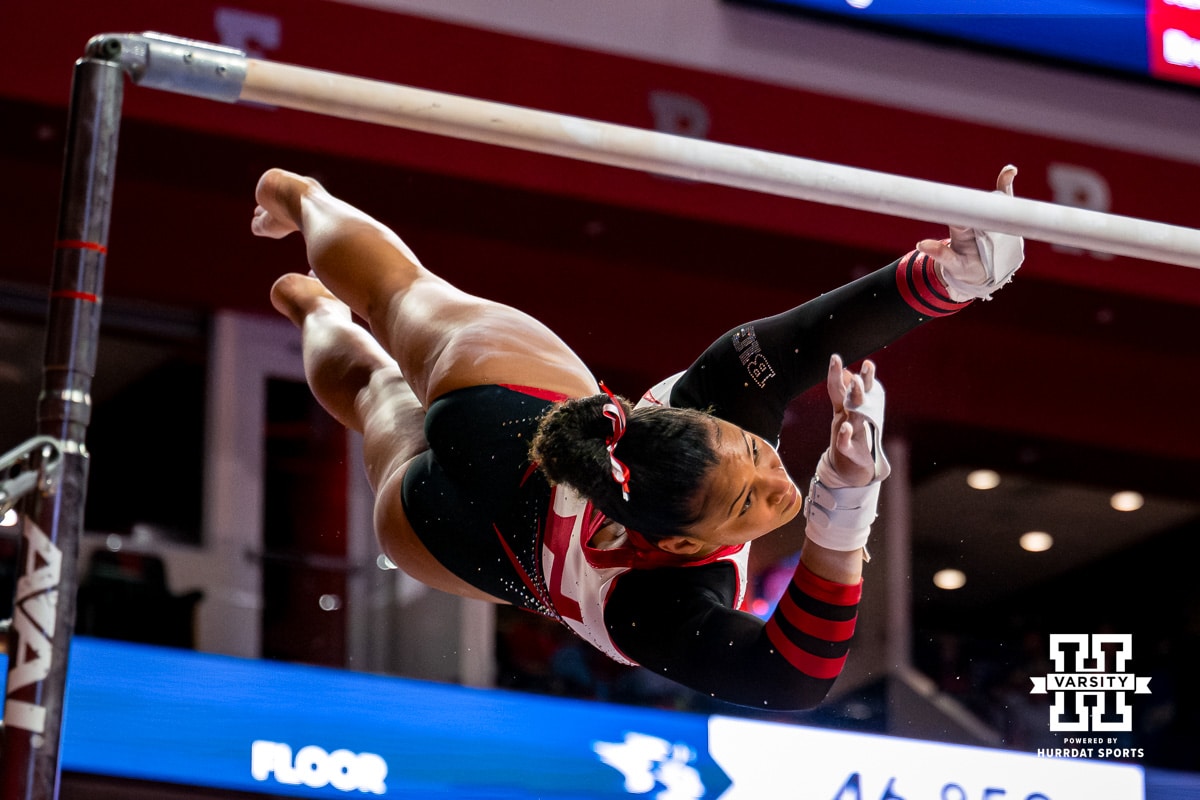 Nebraska Cornhusker Karys Griffin performs on the uneven bars during the Ameritas Master’s Classic women's gymnastic meet on Saturday, Jan. 10, 2026, in Lincoln, Nebraska. Photo by Braden Cochran.