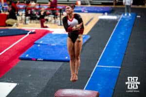Nebraska Cornhusker Tegan Shaver performs on the vault during the Ameritas Master’s Classic women's gymnastic meet on Saturday, Jan. 10, 2026, in Lincoln, Nebraska. Photo by Braden Cochran.