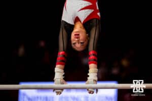 Nebraska Cornhusker Nya Kraus performs on the uneven bars during the Ameritas Master’s Classic women's gymnastic meet on Saturday, Jan. 10, 2026, in Lincoln, Nebraska. Photo by Braden Cochran.