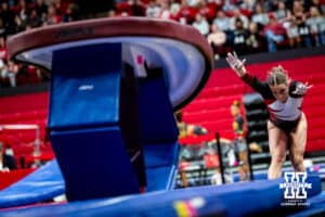 Nebraska Cornhusker Peyton Pech prepares to launch off of the springboard in her vault routine during the Ameritas Master’s Classic women's gymnastic meet on Saturday, Jan. 10, 2026, in Lincoln, Nebraska. Photo by Braden Cochran.