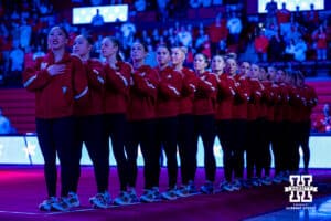 Nebraska Cornhuskers line up for the National Anthem before the Ameritas Master’s Classic women's gymnastic meet on Saturday, Jan. 10, 2026, in Lincoln, Nebraska. Photo by Braden Cochran.