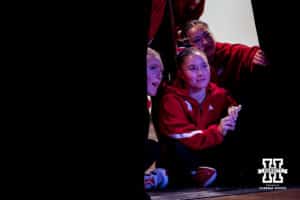 Nebraska Cornhusker gymnast Laruen Homecillo watches a hype video before the Ameritas Master’s Classic women's gymnastic meet on Saturday, Jan. 10, 2026, in Lincoln, Nebraska. Photo by Braden Cochran.
