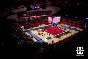 Wisconsin-Stout warming up at John Cook Arena in the Devaney Sports Center before taking on the Nebraska Cornhuskers during the Ameritas Master’s Classic women's gymnastic meet on Saturday, Jan. 10, 2026, in Lincoln, Nebraska. Photo by Braden Cochran.