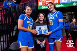 A UCLA fan made a painting for UCLA Bruins Sienna Betts (16) and center Lauren Betts (51) during a college women’s basketball game on Sunday, Jan. 11, 2026, in Lincoln, Nebraska. Photo by John S. Peterson.