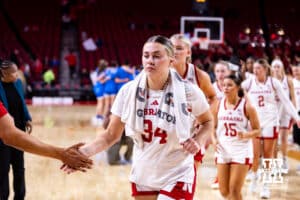 Nebraska Cornhusker forward Emily Fisher (34) leads the Huskers back to the locker room after the loss to UCLA Bruins during a college women’s basketball game on Sunday, Jan. 11, 2026, in Lincoln, Nebraska. Photo by John S. Peterson.