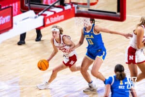Nebraska Cornhusker guard Britt Prince (23) dribbles around UCLA Bruin forward Gabriela Jaquez (11) in the third quarter during a college women’s basketball game on Sunday, Jan. 11, 2026, in Lincoln, Nebraska. Photo by John S. Peterson.