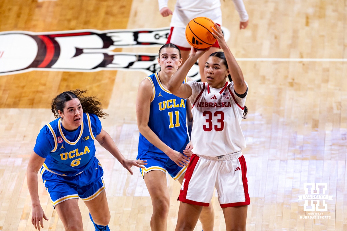 Nebraska Cornhusker forward Amiah Hargrove (33) makes a jump shot against the UCLA Bruins in the third quarter during a college women’s basketball game on Sunday, Jan. 11, 2026, in Lincoln, Nebraska. Photo by John S. Peterson.