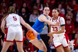 UCLA Bruin forward Angela Dugalić (32) guards Nebraska Cornhusker forward Amiah Hargrove (33) in the third quarter during a college women’s basketball game on Sunday, Jan. 11, 2026, in Lincoln, Nebraska. Photo by John S. Peterson.