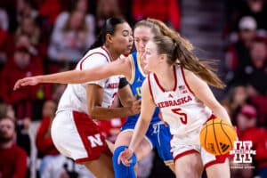 Nebraska Cornhusker guard Claire Johnson (5) dribbles the ball against the UCLA Bruins in the third quarter during a college women’s basketball game on Sunday, Jan. 11, 2026, in Lincoln, Nebraska. Photo by John S. Peterson.