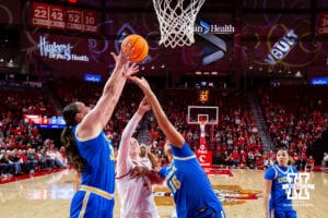 Nebraska Cornhusker forward Amiah Hargrove (33) makes a jump shot against UCLA Bruin forward Angela Dugalić (32) in the first half during a college women’s basketball game on Sunday, Jan. 11, 2026, in Lincoln, Nebraska. Photo by John S. Peterson.