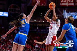 Nebraska Cornhusker forward Amiah Hargrove (33) makes a jump shot against UCLA Bruin forward Angela Dugalić (32) in the first half during a college women’s basketball game on Sunday, Jan. 11, 2026, in Lincoln, Nebraska. Photo by John S. Peterson.
