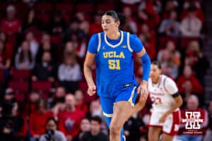 UCLA Bruin center Lauren Betts (51) runs back down the court after making a basket against the Nebraska Cornhuskers in the first half during a college women’s basketball game on Sunday, Jan. 11, 2026, in Lincoln, Nebraska. Photo by John S. Peterson.