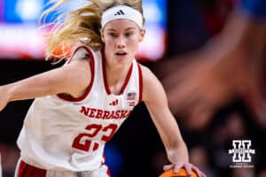 Nebraska Cornhusker guard Britt Prince (23) drive to the basket against the UCLA Bruins in thd first half during a college women’s basketball game on Sunday, Jan. 11, 2026, in Lincoln, Nebraska. Photo by John S. Peterson.