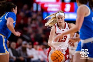Nebraska Cornhusker guard Britt Prince (23) driving hard in the lane against the UCLA Bruins in the first quarter during a college women’s basketball game on Sunday, Jan. 11, 2026, in Lincoln, Nebraska. Photo by John S. Peterson.