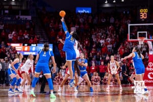 UCLA Bruin center Lauren Betts (51) beats out Nebraska Cornhusker forward Eliza Maupin (21) on the tip-off during a college women’s basketball game on Sunday, Jan. 11, 2026, in Lincoln, Nebraska. Photo by John S. Peterson.