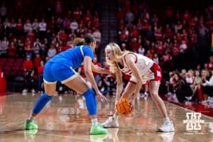 Nebraska Cornhusker guard Britt Prince (23) takes on UCLA Bruin guard Kiki Rice (1) in the first quarter during a college women’s basketball game on Sunday, Jan. 11, 2026, in Lincoln, Nebraska. Photo by John S. Peterson.