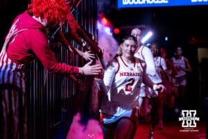 Nebraska Cornhusker guard Logan Nissley (2) lead the Huskers out to the court to take on the UCLA Bruins during a college women’s basketball game on Sunday, Jan. 11, 2026, in Lincoln, Nebraska. Photo by John S. Peterson.