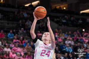 Creighton Bluejay Ava Zediker (24) shoots a lay up during a college basketball game against UCONN on Jan 11, 2026 in Omaha, Nebraska. Photo by Brandon Tiedemann