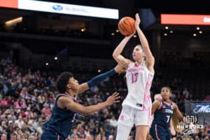 Creighton Bluejay Allison Heathcock (13) shoots the ball during a college basketball game against UCONN on Jan 11, 2026 in Omaha, Nebraska. Photo by Brandon Tiedemann