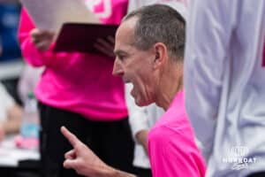 Creighton Bluejay head coach Jim Flanery talks during a timeout during a college basketball game against UCONN on Jan 11, 2026 in Omaha, Nebraska. Photo by Brandon Tiedemann
