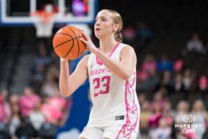 Creighton Bluejay Neleigh Gessert (23) prepares to shoot a jump shot during a college basketball game against UCONN on Jan 11, 2026 in Omaha, Nebraska. Photo by Brandon Tiedemann