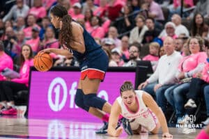 Creighton Bluejay Kennedy Townsend (2) gets the ball stolen from her by Sarah Strong (21) during a college basketball game against UCONN on Jan 11, 2026 in Omaha, Nebraska. Photo by Brandon Tiedemann