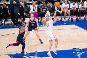 Creighton Bluejay Ava Zediker (24) shoots a floater during a college basketball game against UCONN on Jan 11, 2026 in Omaha, Nebraska. Photo by Brandon Tiedemann