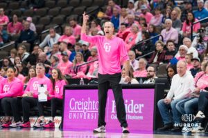 Creighton Bluejay head coach Jim Flanery yells during a college basketball game against UCONN on Jan 11, 2026 in Omaha, Nebraska. Photo by Brandon Tiedemann