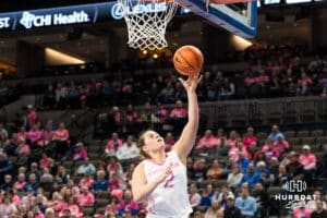 Creighton Bluejay Kennedy Townsend (2) shoots a lay up during a college basketball game against UCONN on Jan 11, 2026 in Omaha, Nebraska. Photo by Brandon Tiedemann