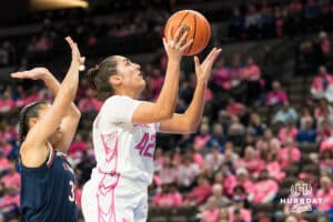 Creighton Bluejay Grace Boffeli (42) shoots a lay up during a college basketball game against UCONN on Jan 11, 2026 in Omaha, Nebraska. Photo by Brandon Tiedemann