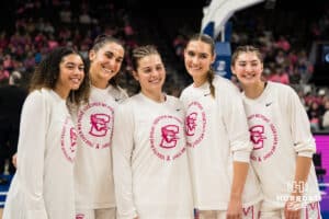 Creighton Bluejays pose together before a college basketball game against UCONN on Jan 11, 2026 in Omaha, Nebraska. Photo by Brandon Tiedemann
